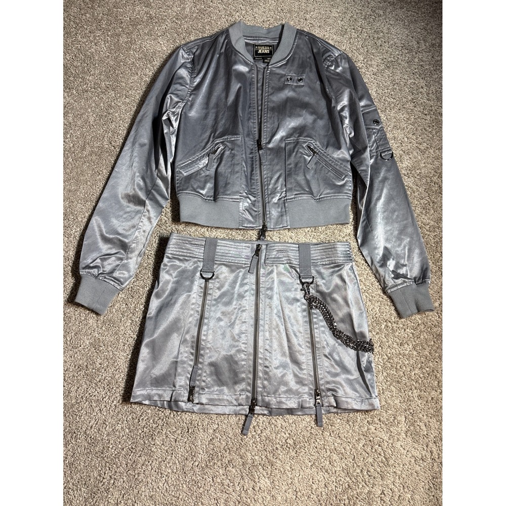 Y2K Guess Jeans Metallic Silver Bomber Jacket and Mini Skirt Set Size 29 M